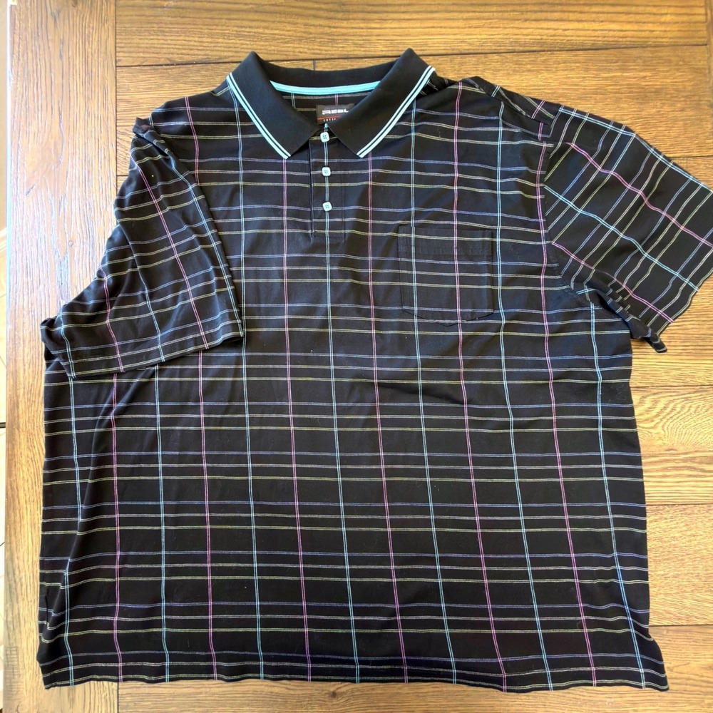 Reel Mens 3XL Polo Shirt Black Plaid‎ Double Mercerized Cotton Short Sleeve Grid